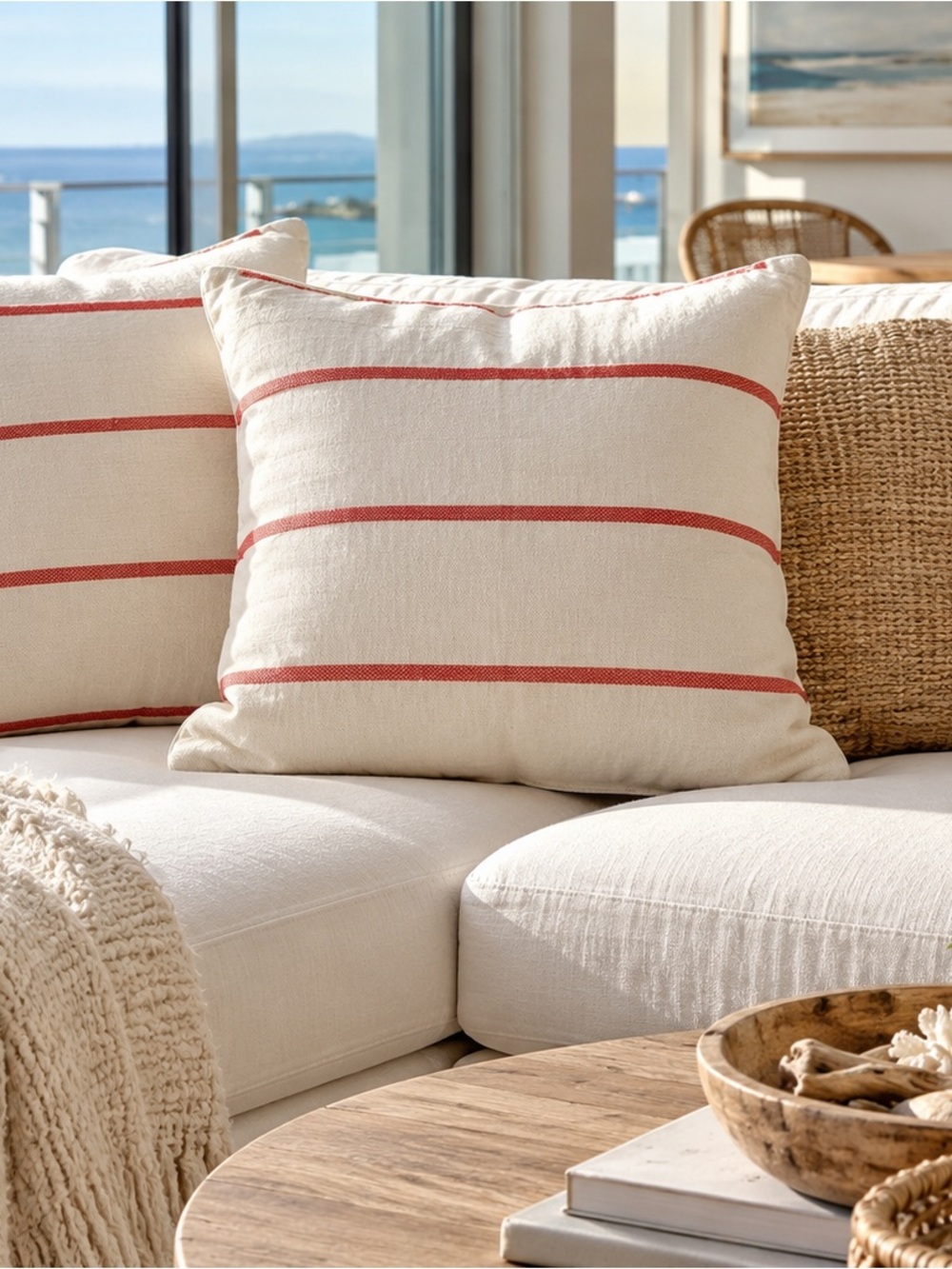 Ralph Lauren Cream Pillow with Red Stripe Accents